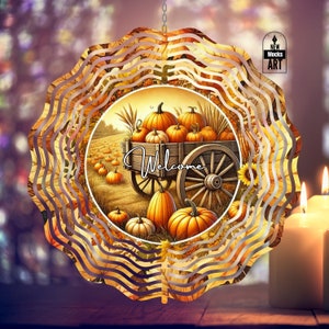 Welkom herfst wind spinner voeg je tekst toe herfst pompoenen winkelwagen png tuin spinner werf decor sublimatie wind spinner ontwerpsjabloon downloaden