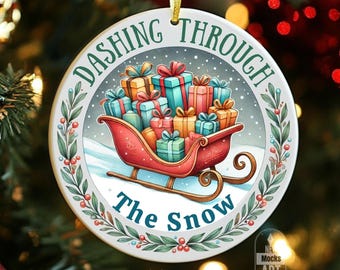 Cute Christmas Ornament PNG, Dashing Through The Snow, Round Watercolor Christmas Ornament Instant Download Sublimation Ornament Sticker png