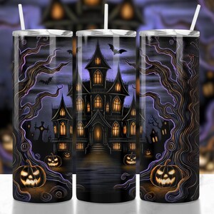 Halloween Haunted Mansion Tumbler Wrap PNG, Halloween Pumpkin Mansion, 20oz Skinny Tumbler Sublimation Design, Spooky Season Wrap Design PNG