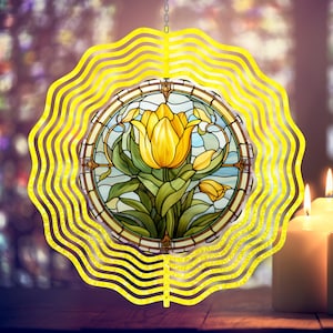 Gul tulpanvindspinner PNG målat glas gula blommor trädgårdssnurra gårdsdekor sublimering vindspinner designmall PNG nedladdning