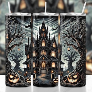 Halloween Haunted House Tumbler Wrap PNG, Halloween Pumpkin Mansion, 20oz Skinny Tumbler Sublimation Design, Spooky Season Wrap Design PNG