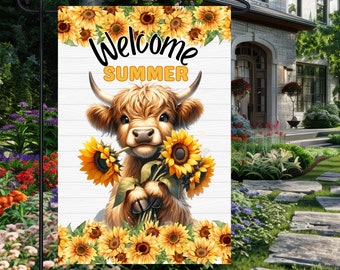 Willkommen Sommer Highland Kuh Sonnenblumen PNG, Kuh mit Sonnenblumen Gartenfahne, Yard Dekorative Außenfahne, Sublimationsdesign, Hausfahne PNG