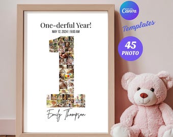 Birthday Number 1 Photo Collage Template Canva First Birthday Gift for 1st Birthday Picture Frame Editable Canva Printable Digital Download
