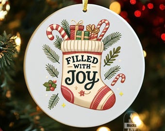 Cute Christmas Ornament PNG, Filled With Joy, Ornament Round Watercolor Christmas Ornament Instant Download Sublimation Ornament Sticker png