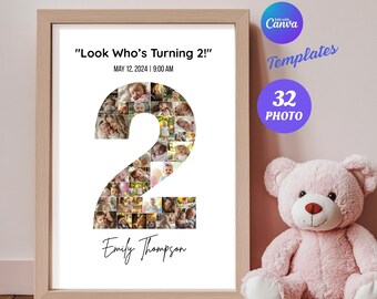 2歳の誕生日フォトコラージュCanvaテンプレート、女の子または男の子向けの数字2の写真フレーム、編集可能な誕生日プレゼント、Canvaで印刷可能なデジタルダウンロード