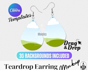 Teardrop Earrings Mockup, Canva Drag & Drop Earrings Template, Sublimation Jewelry Mockup, Digital Earring Template, 30 Backgrounds Included