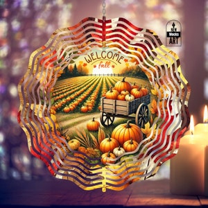 Welkom herfst wind spinner voeg je tekst toe herfst pompoenen winkelwagen png tuin spinner werf decor sublimatie wind spinner ontwerpsjabloon downloaden