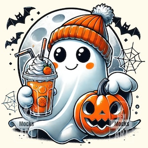 Cute ghost PNG, Halloween Ghost png, Bougie PNG, Bougie Ghost, Coffee png, Spooky png, Mug png, T-shirt Sublimation Design Instant Download