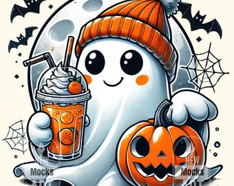 かわいいゴースト PNG、ハロウィーンゴースト png、ブジー PNG、ブジーゴースト、コーヒー png、不気味な png、マグカップ png、T シャツ昇華デザイン即時ダウンロード