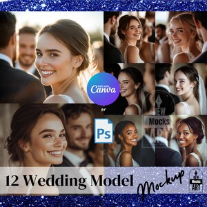 Puede incluir: Un collage de 12 imágenes con novias en diferentes poses. Las imágenes están dispuestas en una cuadrícula y están rodeadas de un fondo de purpurina azul. El texto "12 Wedding Model Mockup" se muestra en la parte inferior del collage. El texto "Edit with Canva or Ps" se muestra en el centro del collage.