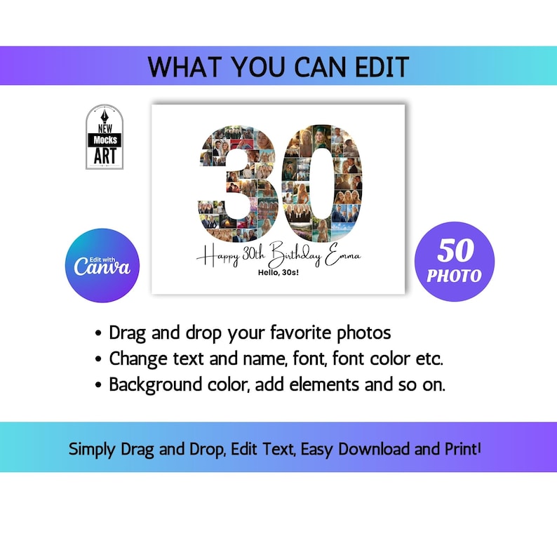 30th Birthday Photo Collage Template Personalized 30th Birthdays Gift ...