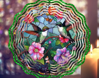 10 Inches Wind Spinner PNG Hummingbirds Stained Glass Glitter Garden Spinner Yard Decor Sublimation Wind Spinner Design Template Download