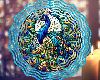 Wind Spinner Stained Glass Peacock Glitter PNG Garden Spinner Yard Decor Sublimation Wind Spinner Design Template Windspinner PNG Download
