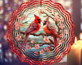 2 Red Bird Cardinal Wind Spinner PNG Stained Glass Cardinal Garden Spinner Yard Decor Sublimation Wind Spinner Design Template PNG Download
