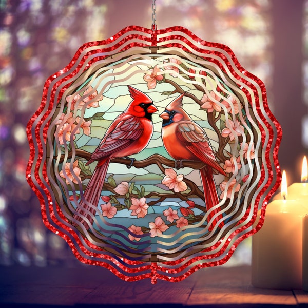 2 Red Bird Cardinal Wind Spinner PNG Stained Glass Cardinal Garden Spinner Yard Decor Sublimation Wind Spinner Design Template PNG Download