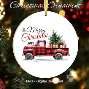 Red Plaid Vintage Truck Ornament PNG, Vintage Truck Christmas Tree Ornament, Christmas Ornament PNG, Instant Download Watercolor Sublimation