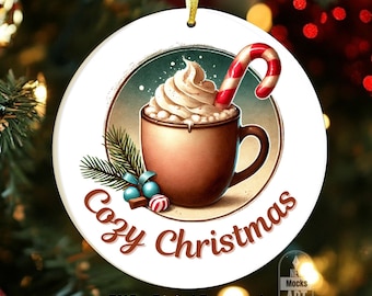 Cute Cocoa Ornament Sublimation PNG Cozy Christmas Ornament Round Christmas Ornament PNG Cozy Drink Instant Download Watercolor Ornament png