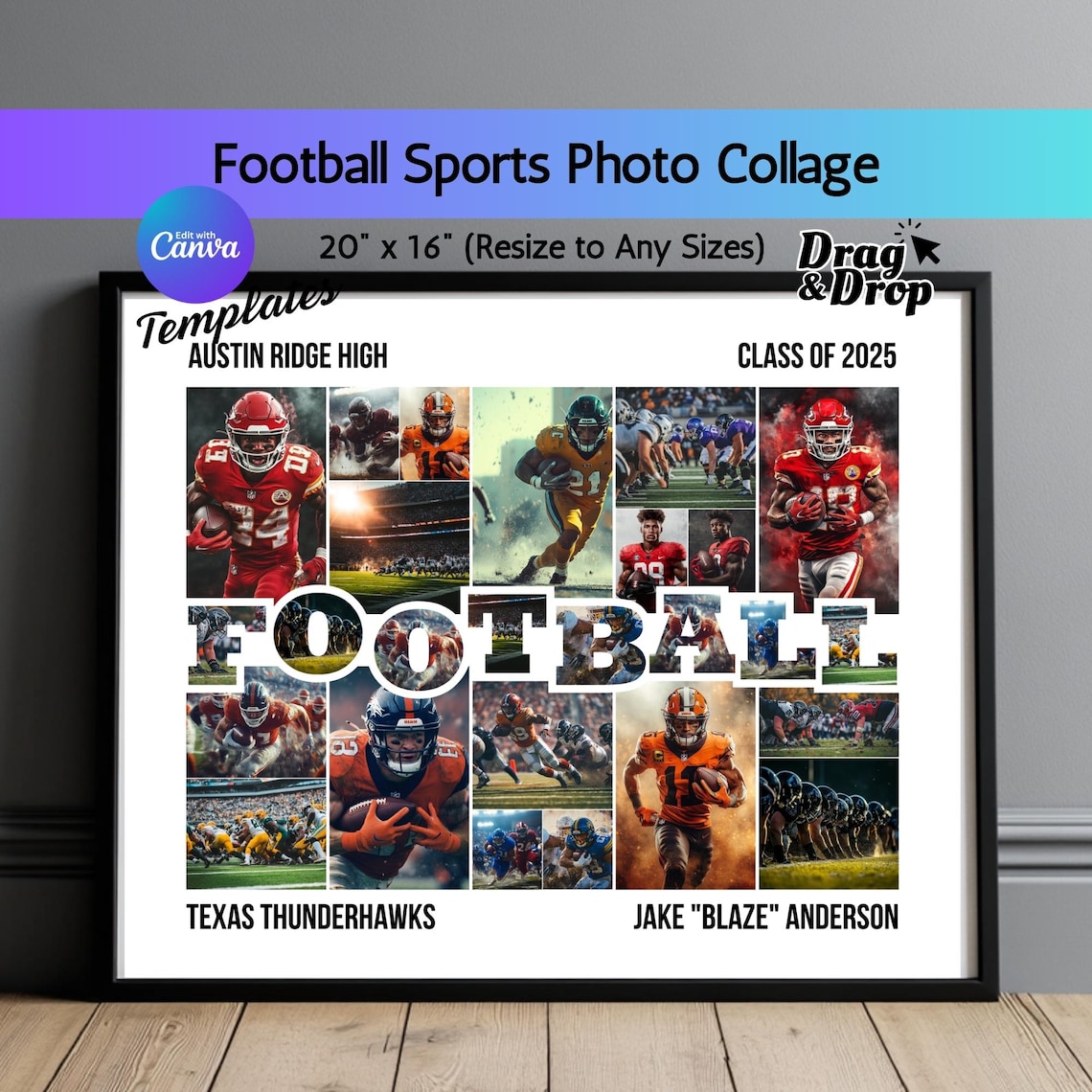 American Football Photo Collage Template Gift for Sports Poster ...