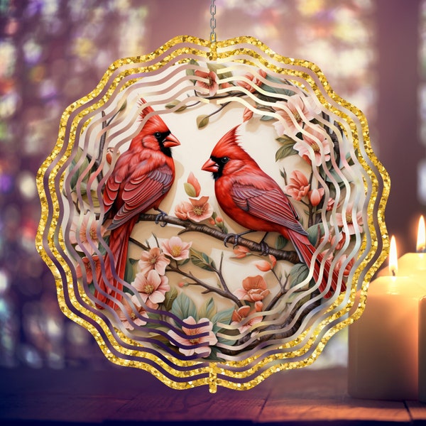 2 Cardinal Wind Spinner PNG Color Painted Red Cardinal Gold Glitter Spinner Yard Decor Sublimation Wind Spinner Design Template PNG Download