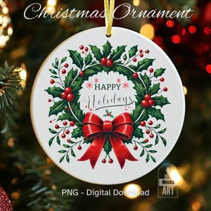 Sublimation d'ornement de joyeuses fêtes PNG, ornement de couronne de Noël rond PNG, décoration d'arbre de Noël téléchargement immédiat ornement png autocollant png