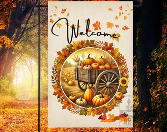 Willkommen Herbst Garten Flagge, Herbst Flagge Kürbisse Herbst Saison Designs PNG 12 x 18 Garten Flagge Sublimation Design Grafiken Hof Flagge, Haus Flagge PNG