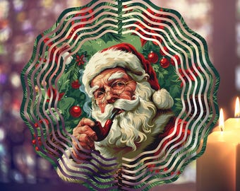 May include: A metal wind spinner with a circular design featuring a vintage illustration of Santa Claus with a red hat and white beard, holding a pipe. The background is green with red and gold accents.