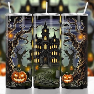 Halloween Haunted Mansion Tumbler Wrap PNG, Halloween Pumpkin Mansion, 20oz Skinny Tumbler Sublimation Design, Spooky Season Wrap Design PNG