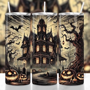 Halloween Haunted House Tumbler Wrap PNG, Halloween Pumpkin Mansion, 20oz Skinny Tumbler Sublimation Design, Spooky Season Wrap Design PNG