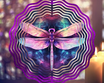 May include: A purple and gold metal wind spinner with a dragonfly design. The dragonfly has iridescent wings and a black body.
