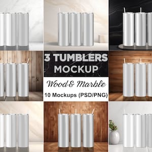 May include: Mockup of three silver tumblers with straws on different backgrounds, including marble, wood, and a white surface. The text "3 TUMBLERS MOCKUP Wood & Marble 10 Mockups (PSD/PNG)" is displayed in the center of the image.