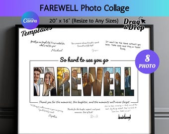 Bewerkbare afscheidsfotocollagesjabloon gepersonaliseerd afscheidscadeau Canva DIY Memory Board Pensioen gaat weg aanwezig direct downloaden