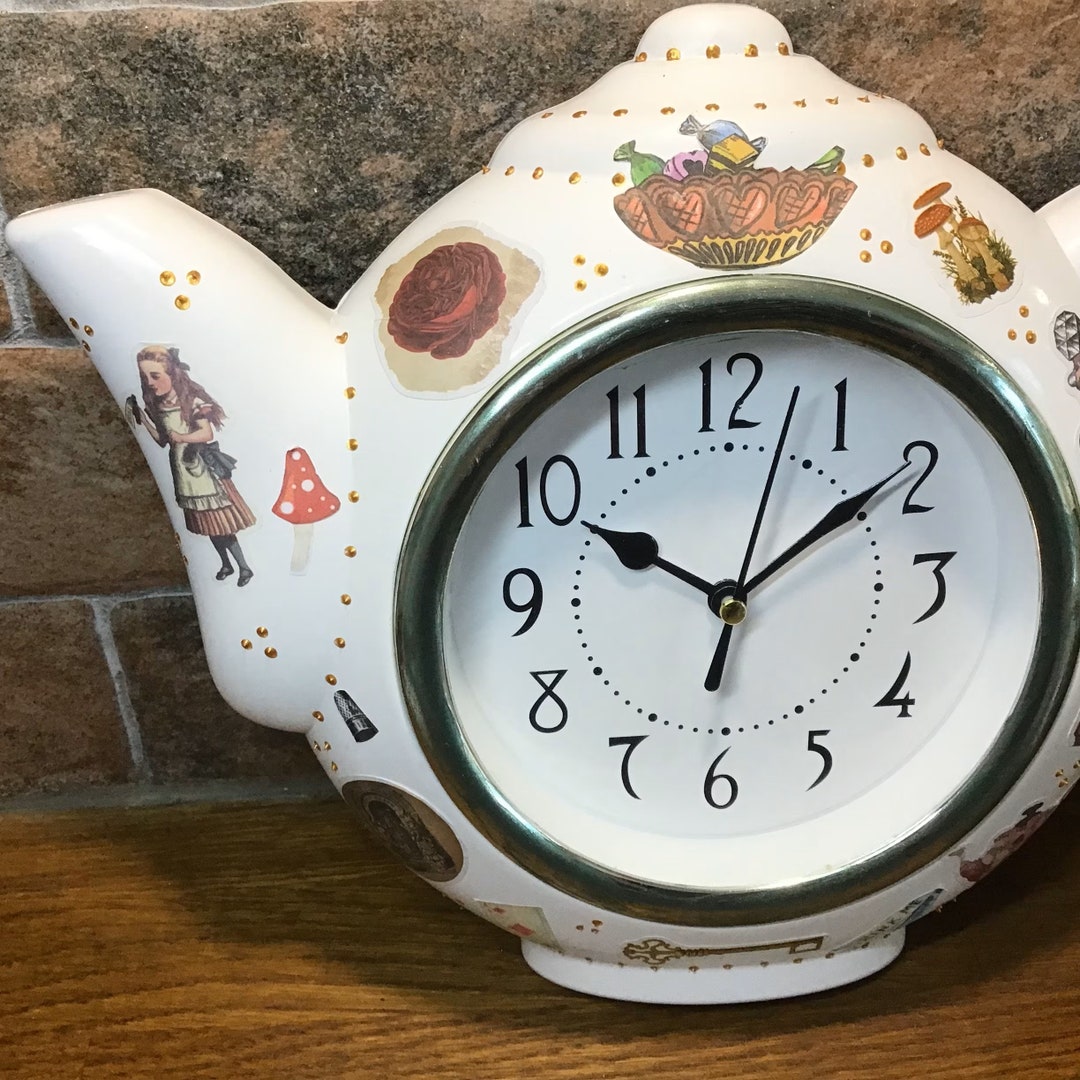 Alice in Wonderland Teapot Wall Clock, Hand Decorated Clock, Whimsical