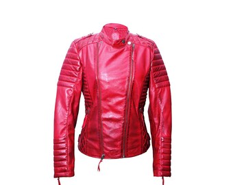 ALA Semi-Double Riders Jacket RED USED加工 Women Red Two Tones Sheep Leather Jacket. Gift Free Damascus Steel