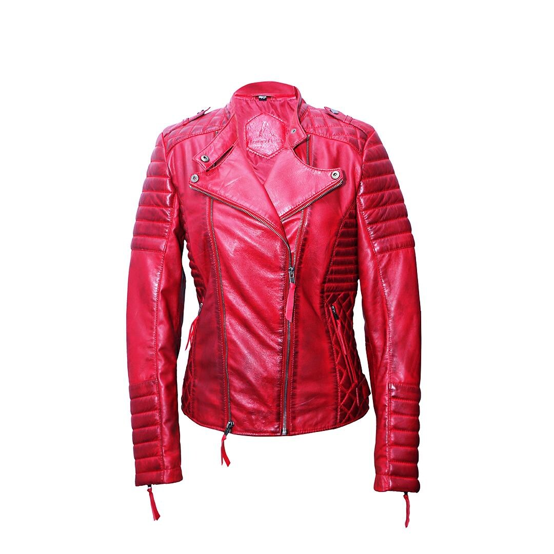 Women Red Two Tones Sheep Leather Jacket. Gift Free Damascus Steel