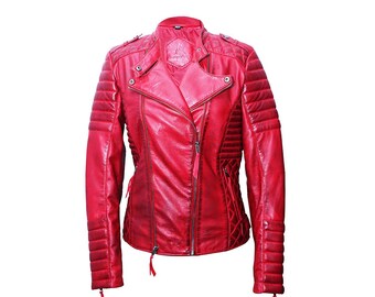 Women Red Two Tones Sheep Leather Jacket. Gift Free Damascus Steel