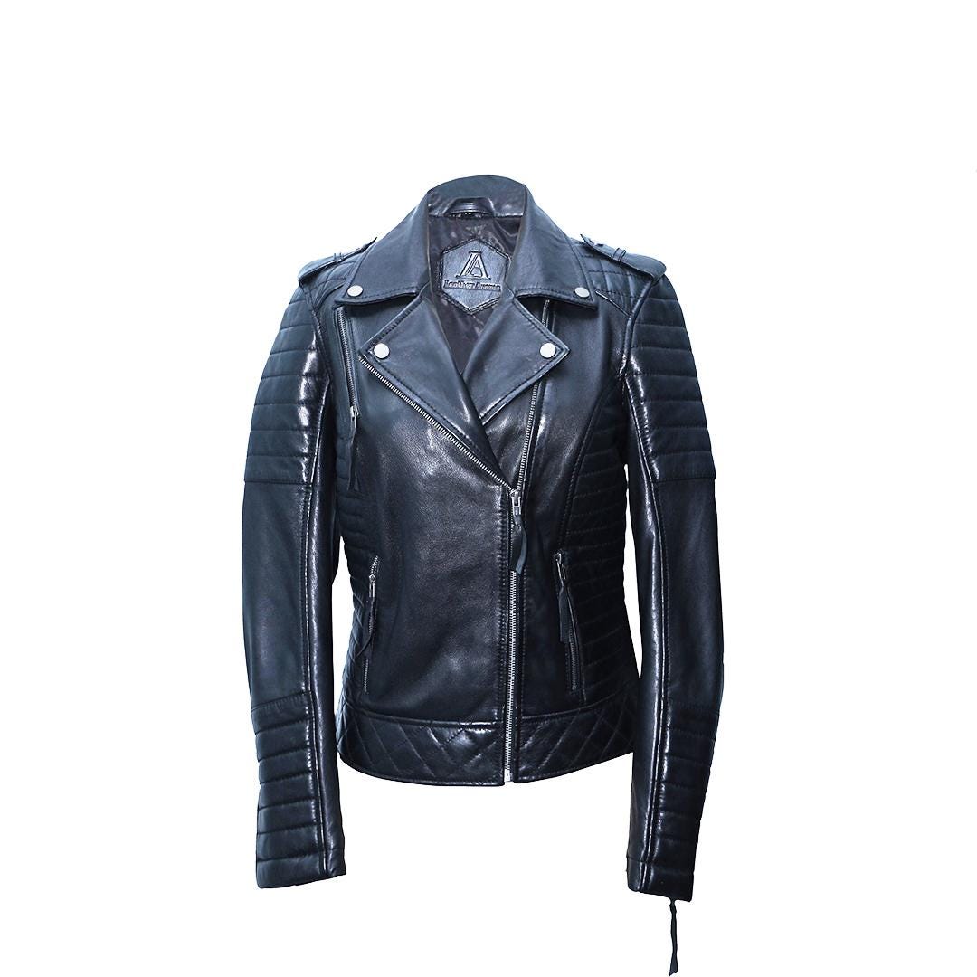 【LHP】sheepleather jacket Quilted Black Sheep Leather Biker Jacket - Women's Asymmetrical