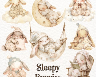 Watercolor Sleeping Bunny Clipart: Boho Nursery Graphics (PNG Digital Download)