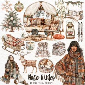Akwarela Boho Zima Clipart, Boho Boże Narodzenie, Przytulna Zima, Cottagecore, Śnieżny Sezon, Wystrój Świąteczny, Ozdoba Cyfrowa Naklejka Scrapbooking