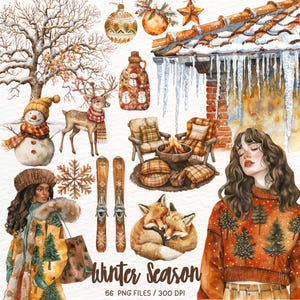 Akwarela Zima Clipart, Przytulna Zima, Zimowe Wakacje PNG, Śnieżny Sezon, Dekoracje Świąteczne, Bałwan, Płatek Śniegu, Naklejki Cyfrowe, Scrapbooking