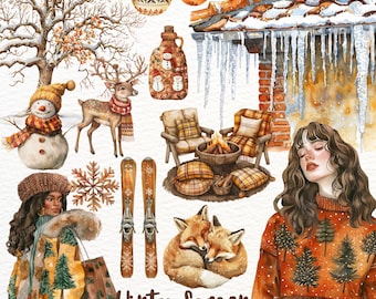Può includere: Un set di illustrazioni ad acquerello con elementi a tema invernale, tra cui un pupazzo di neve, un cervo, sci, un camino, una donna con un maglione, una coppia di volpi e un tetto innevato con ghiaccioli. Il set include anche una varietà di elementi decorativi, come fiocchi di neve, rami di pino e ornamenti. Il testo "Winter Season" e "56 PNG Files / 300 DPI" è incluso nell'immagine.