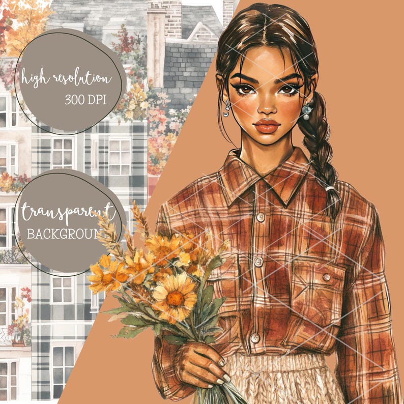 Pode incluir: Ilustra&ccedil;&atilde;o digital de uma mulher com cabelo escuro em uma tran&ccedil;a, vestindo uma camisa xadrez e uma saia creme, segurando um buqu&ecirc; de flores amarelas. A imagem tem texto que diz "alta resolu&ccedil;&atilde;o 300 DPI" e "fundo transparente".