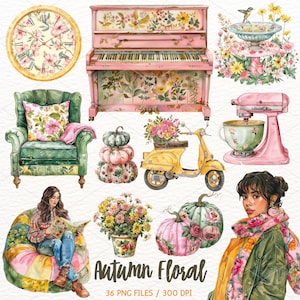 Clipart floral de outono em aquarela, clipart de outono PNG, Cottagecore, abóbora, imagens coloridas de outono, download digital de scrapbooking para uso comercial