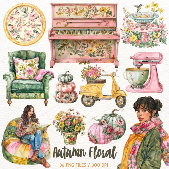 Watercolor Autumn Floral Clipart: Cottagecore Fall PNG (Digital Download)