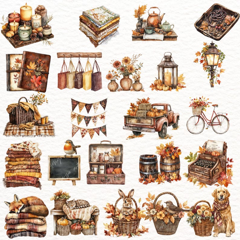 May include: Watercolor illustrations of autumn-themed items. The image includes stacks of blankets, pumpkins, baskets, a red truck, a bicycle, and a typewriter. There are also candles, a teapot, and various animals, all decorated with fall foliage.