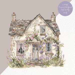 Pu&ograve; includere: Un'illustrazione ad acquerello di un cottage in pietra con un tetto marrone, due finestre e una porta. Il cottage &egrave; circondato da una vegetazione lussureggiante e fiori rosa e viola.