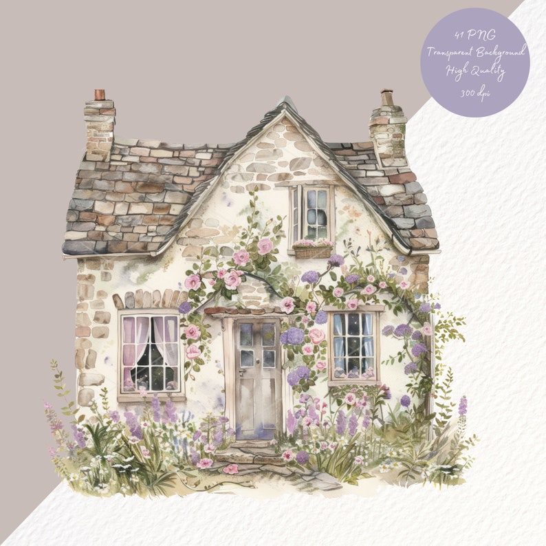 Pu&ograve; includere: Un'illustrazione ad acquerello di un cottage in pietra con un tetto marrone, due finestre e una porta. Il cottage &egrave; circondato da una vegetazione lussureggiante e fiori rosa e viola.