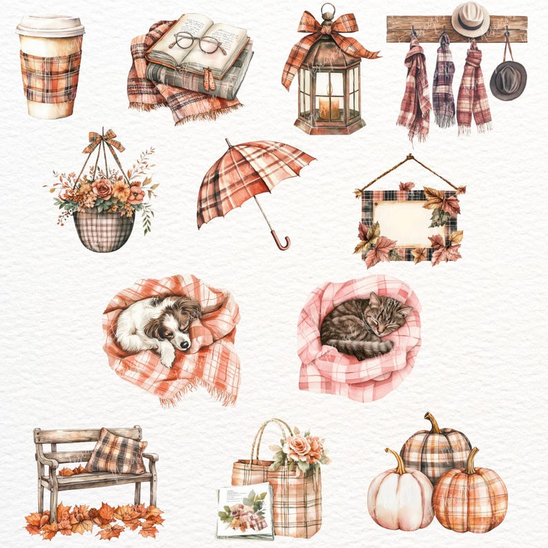Pode incluir: Ilustra&ccedil;&otilde;es em aquarela com temas de outono. Inclui uma x&iacute;cara de caf&eacute;, livros com &oacute;culos, uma lanterna, cachec&oacute;is, um chap&eacute;u, uma cesta suspensa de flores, um guarda-chuva, uma placa, um c&atilde;o e um gato enrolados em cobertores, um banco, uma sacola e ab&oacute;boras.