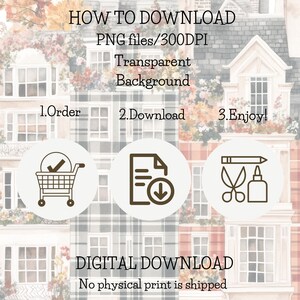 Pode incluir: Gr&aacute;fico de download digital com instru&ccedil;&otilde;es: Encomende, Baixe e Divirta-se! O texto inclui "HOW TO DOWNLOAD", "arquivos PNG/300DPI" e "DOWNLOAD DIGITAL". O fundo apresenta uma ilustra&ccedil;&atilde;o em aquarela de edif&iacute;cios com detalhes florais.