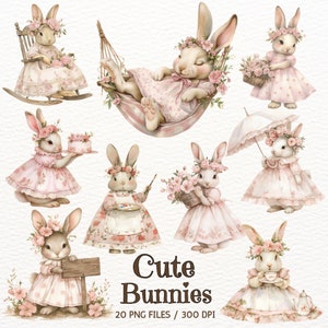 Süße rosa Hasen Aquarell Clipart, Kinderzimmer Dekor PNG, Babyparty, süße Kaninchen, Frühling Clipart, Vintage Hase, rosa Blumen, kommerziell