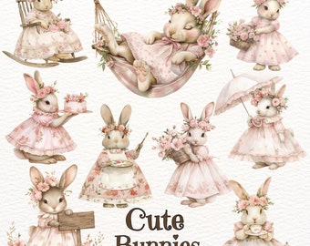 Watercolor Bunny Clipart: Pink Flowers, Vintage Rabbits (PNG Digital Download)